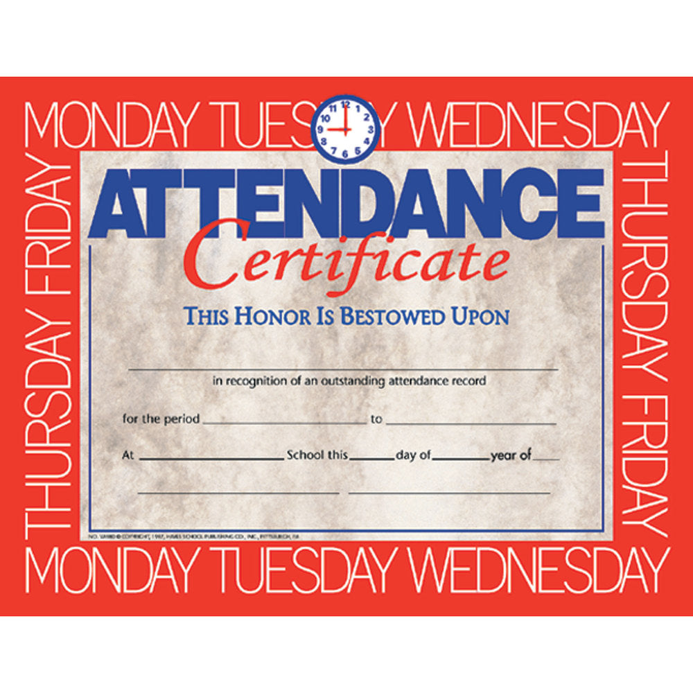 Hayes Certificates, 8-1/2in x 11in, Attendance, 30 Certificates Per Pack, Set Of 3 Packs