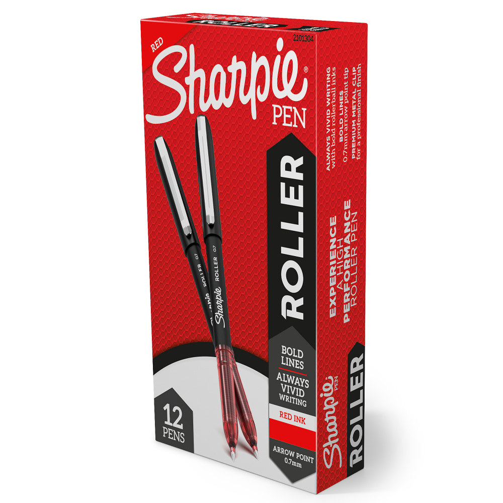 Sharpie Roller Pens, Arrow Point, 0.7 mm, Black Barrel, Red Ink, Pack Of 12 Pens