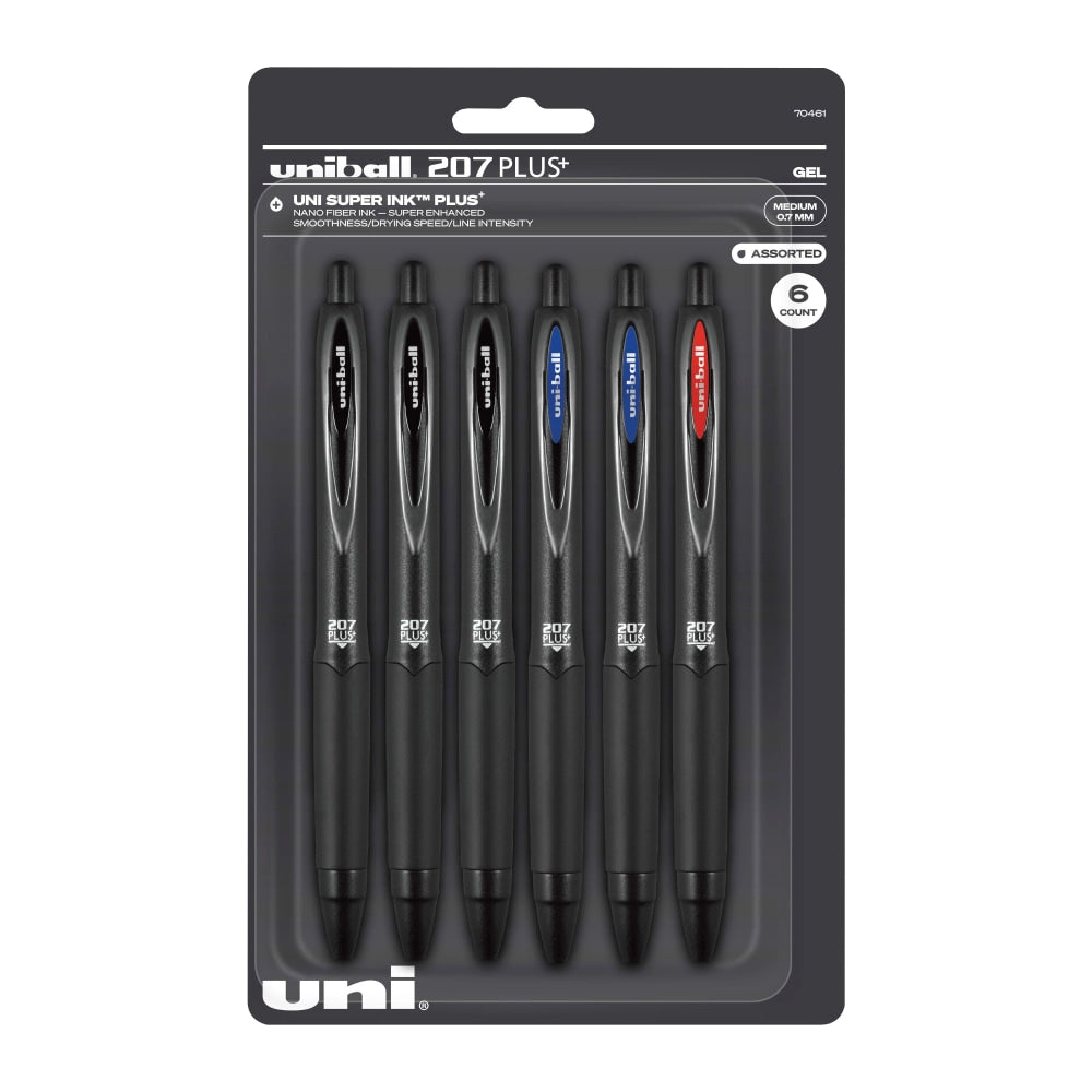 uni-ball 207 Plus+ Retractable Gel Pens, Medium Point, 0.7 mm, Black Barrel, Black/Blue/Red Ink, Pack Of 6 Pens