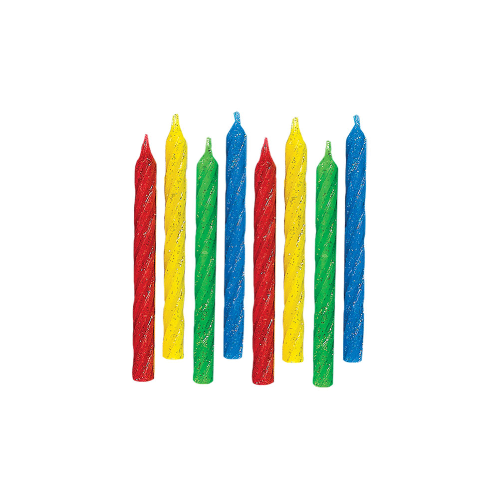 Amscan Glitter Spiral Birthday Candles, 3-1/4in, Multicolor, 24 Candles Per Pack, Set Of 8 Packs