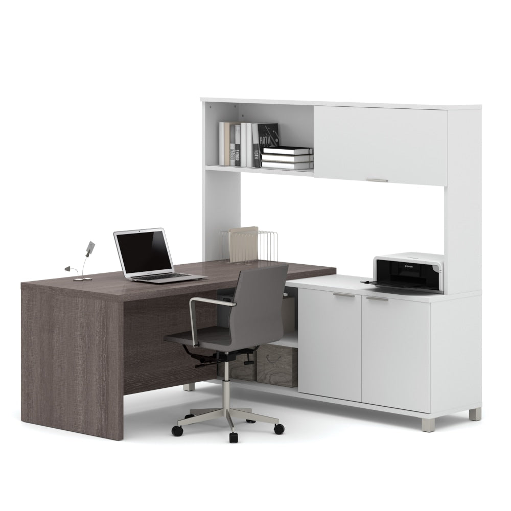 Bestar Pro-Linea 72inW L-Shaped Corner Desk With Hutch, Bark Gray/White