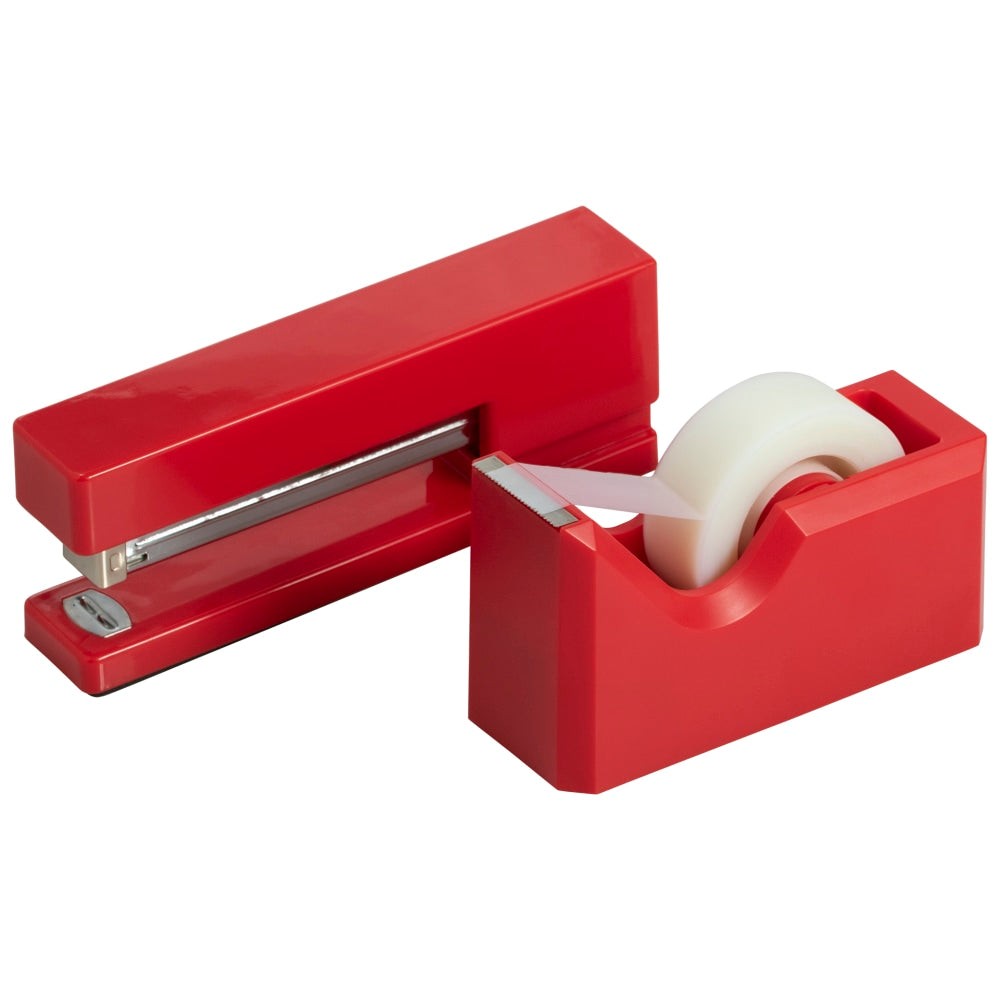 JAM Paper 2-Piece Office And Desk Set, 1 Stapler & 1 Tape Dispenser, Red