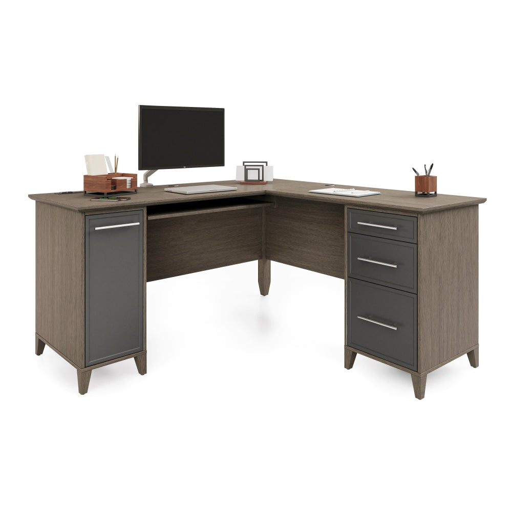 Realspace Koru 60inW L-Shaped Corner Computer Desk With Integrated Power & Charging, Two-Tone Slate/Gray Oak