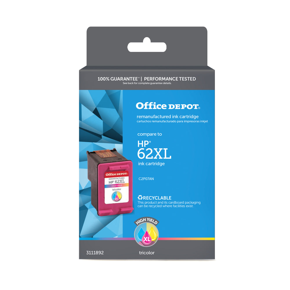 Office Depot Remanufactured Tri-Color High-Yield Ink Cartridge Replacement For HP 62XL