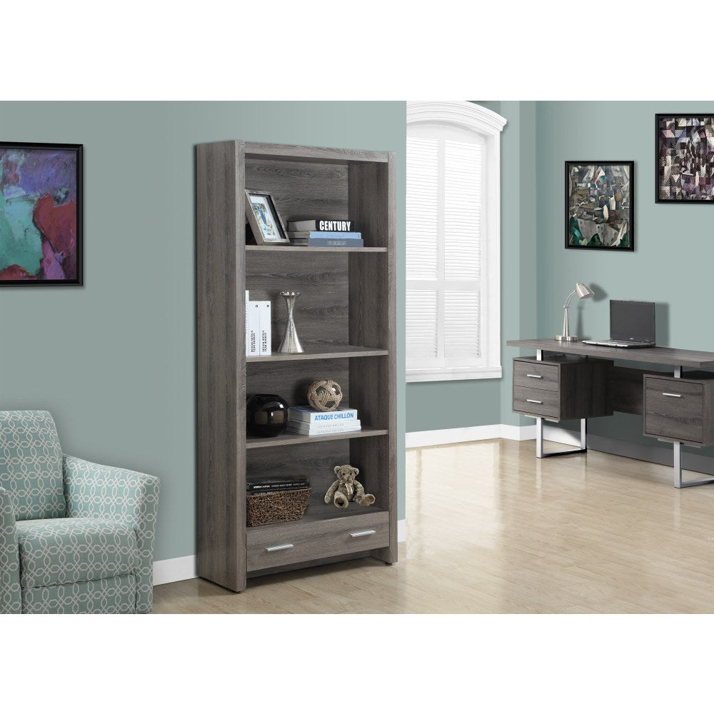 Monarch Specialties 72inH 3-Shelf Bookcase With Drawer, Dark Taupe