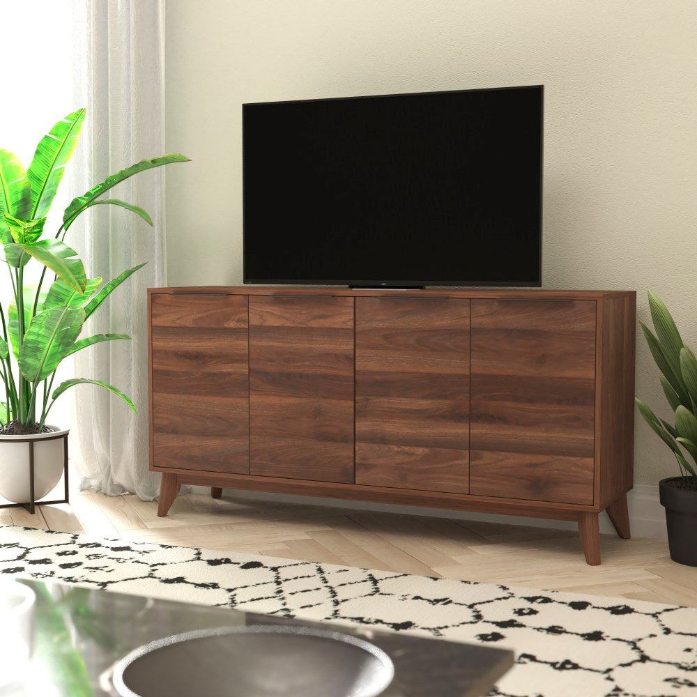 Flash Furniture Hatfield Mid-Century Modern 4-Door Storage TV Stand For 64in TVs, Dark Walnut