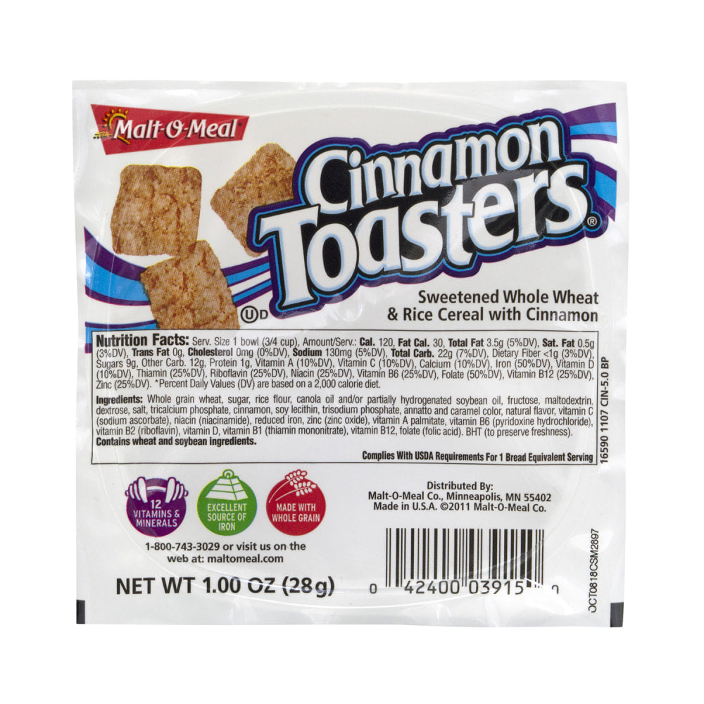 Malt-O-Meal Cinnamon Toasters Cereal Bowls, 1 Oz, Pack Of 96 Boxes