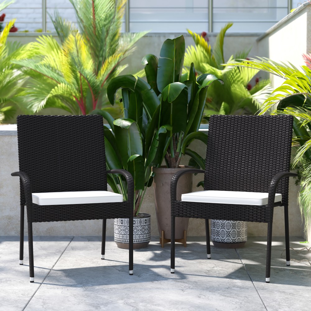 Flash Furniture Maxim Stackable Indoor/Outdoor Wicker Dining Chairs With Padded Seat Cushions, Black/Cream, Set Of 2 Chairs