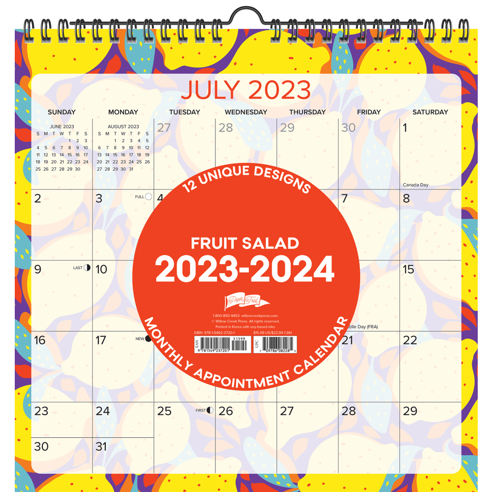 2023-2024 Willow Creek Press Monthly At A Glance Spiral Wall Art Calendar, 12in x 12in, Fruit Salad, July 2023 To June 2024