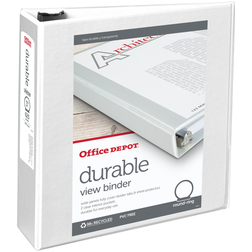 Office Depot Brand Durable View 3-Ring Binder, 3in Round Rings, White