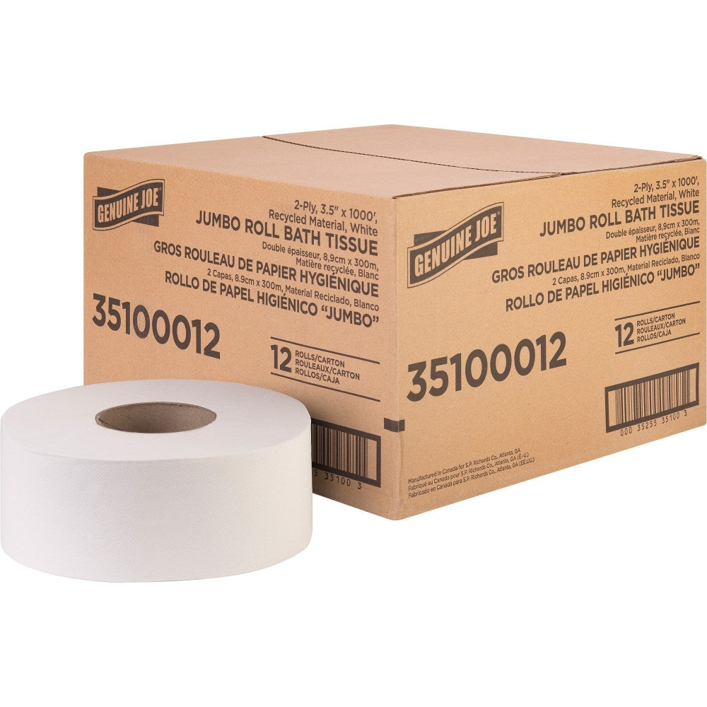 Genuine Joe Jumbo Jr Dispenser Bath Tissue Roll - 2 Ply - 3.50in x 1000 ft - 8.88in Roll Diameter - White - Fiber - 12 / Carton