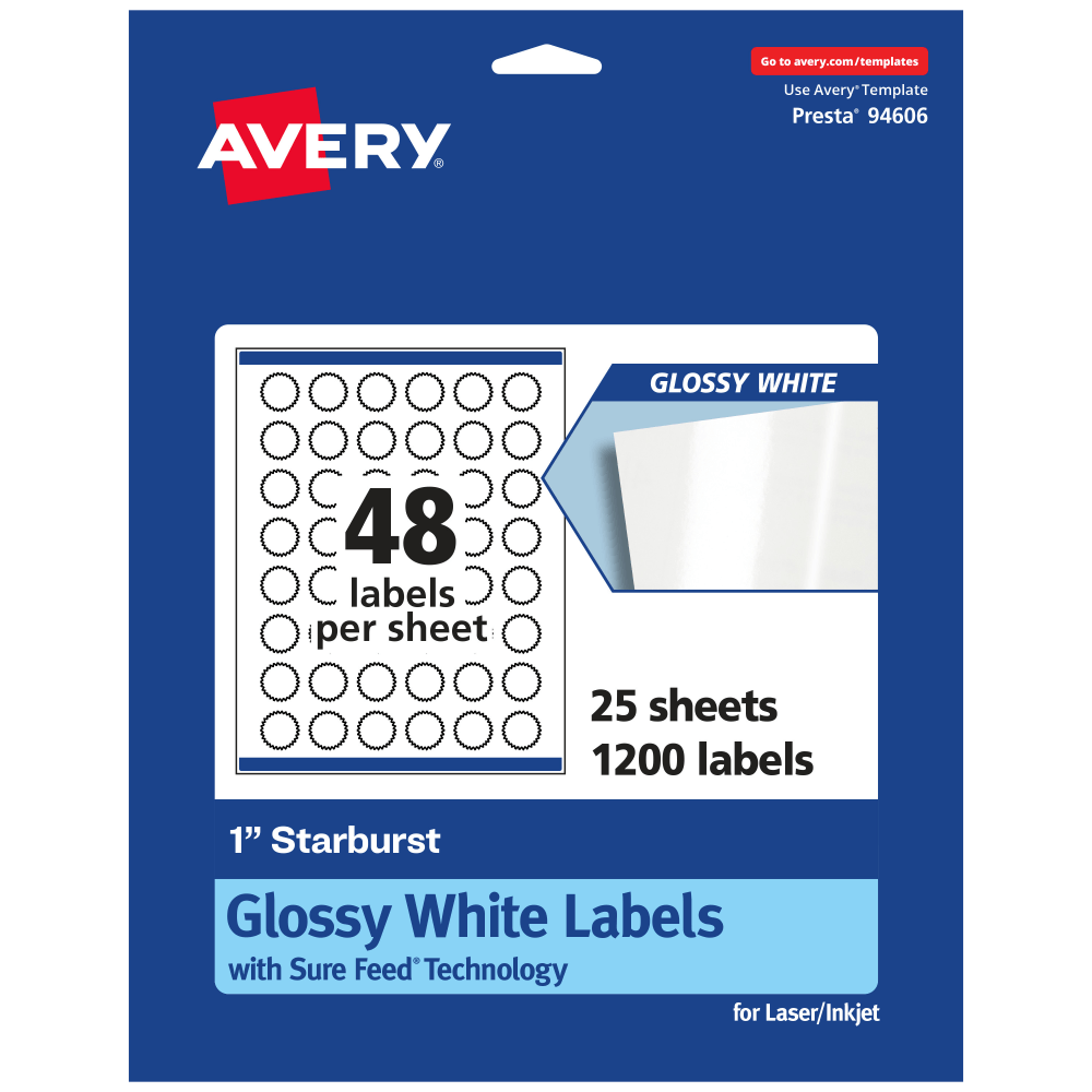 Avery Glossy Permanent Labels With Sure Feed, 94606-WGP25, Starburst, 1in, White, Pack Of 1,200