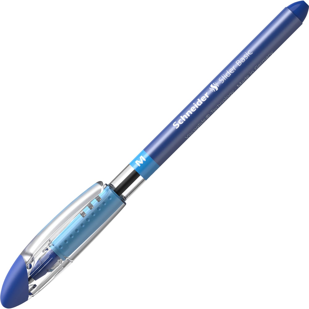 Rediform Schneider Slider Basic M Ballpoint Pens, Medium Point, 1.0 mm, Blue/Silver Barrels, Blue Ink, Pack Of 10 Pens