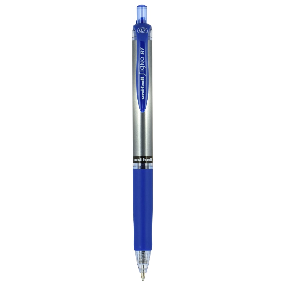 uni-ball Signo Gel RT Retractable Pens, Medium Point, 0.7 mm, Silver Barrel, Blue Ink, Pack Of 12 Pens