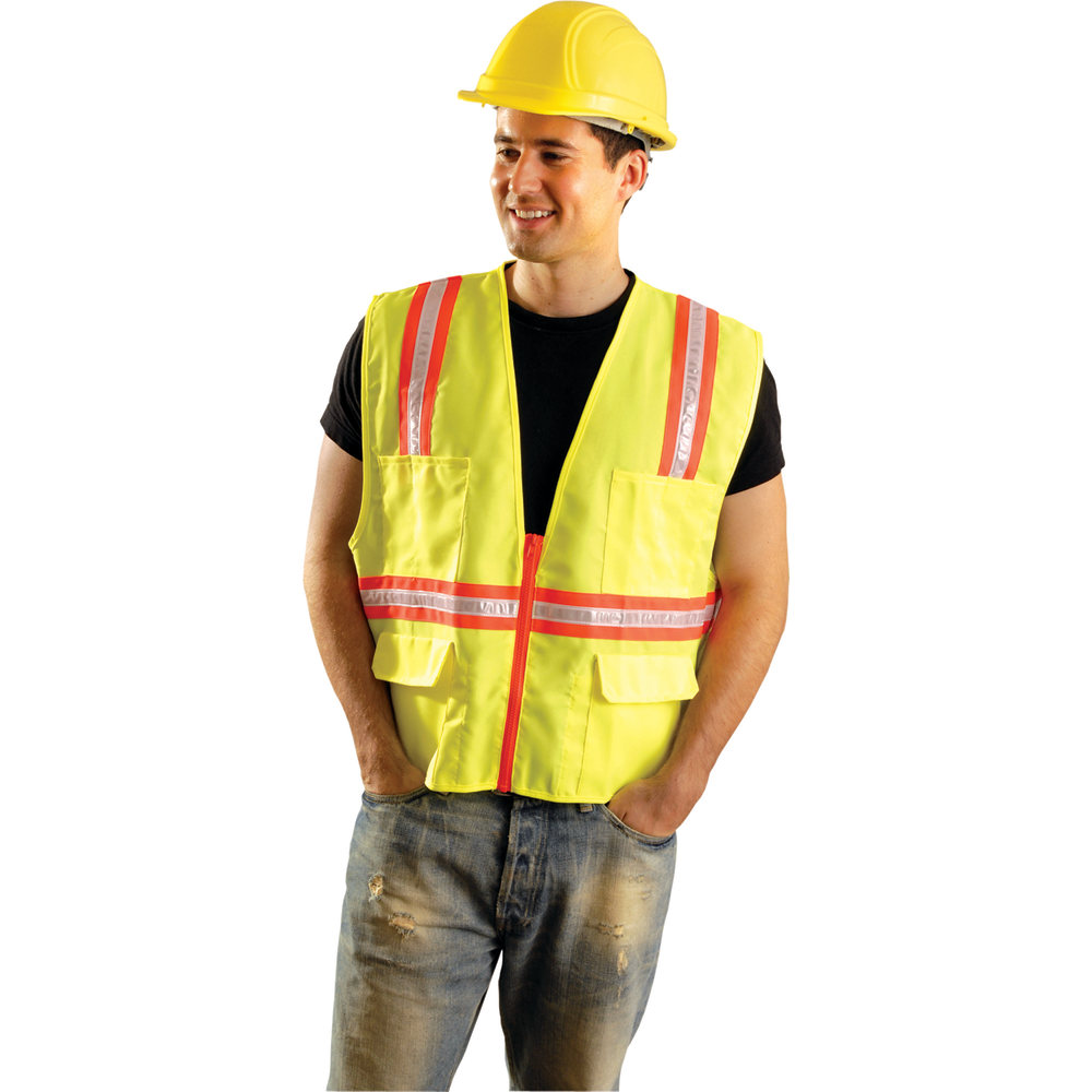 Non-ANSI Contractor Style Solid Vests, Large, Hi-Viz Yellow; Orange Trim