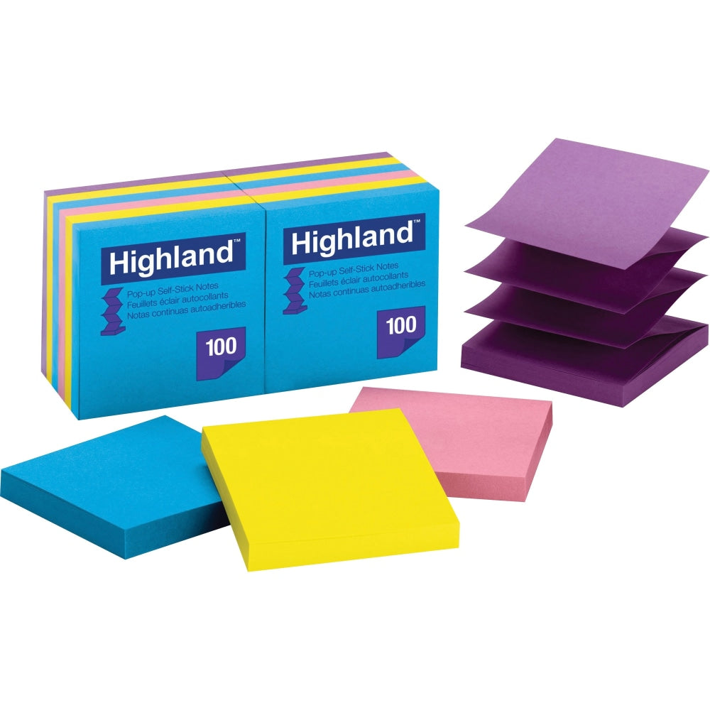 Highland Self-sticking Bright Pop-up Notepads - 1200 - 3in x 3in - Square - 100 Sheets per Pad - Unruled - Bright Assorted - Paper - Self-adhesive, Repositionable, Removable, Pop-up - 12 / Pack