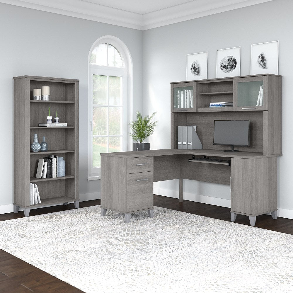 Bush Business Furniture Somerset 60inW L-Shaped Corner Desk With Hutch And 5-Shelf Bookcase, Platinum Gray, Standard Delivery