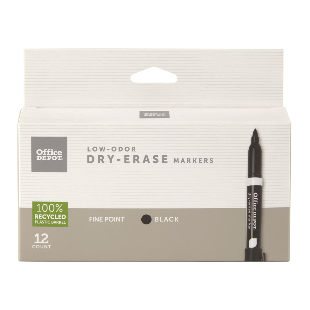 Office Depot Brand Low-Odor Dry-Erase Markers, Fine Point, 100% Recycled Plastic Barrel, Black, Pack Of 12