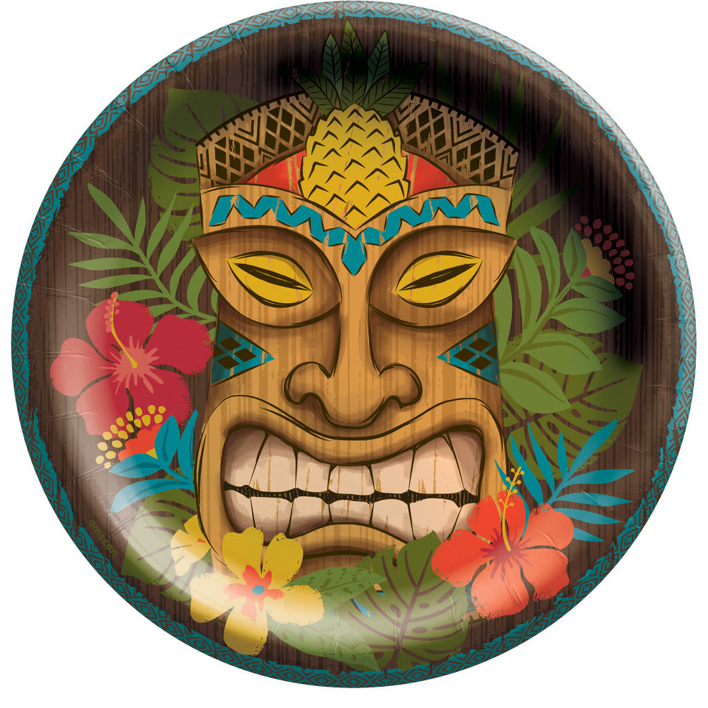 Amscan Vintage Tiki Round Paper Plates, 8-1/2in, Multicolor, 50 Plates Per Pack, Set Of 2 Packs