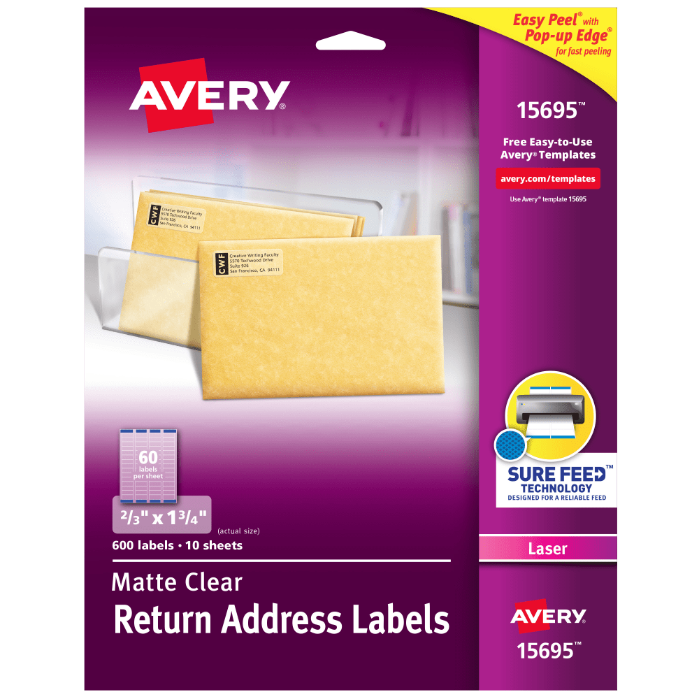 Avery Matte Return Address Labels With Sure Feed Technology, 15695, Rectangle, 2/3in x 1-3/4in, Clear, Pack Of 600 Labels