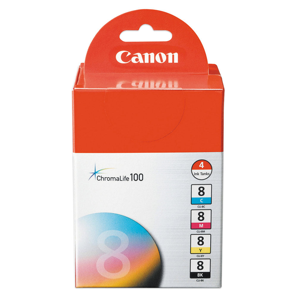 Canon CLI-8 ChromaLife 100 Black And Cyan, Magenta, Yellow Ink Cartridges, Pack Of 4, 0620B010