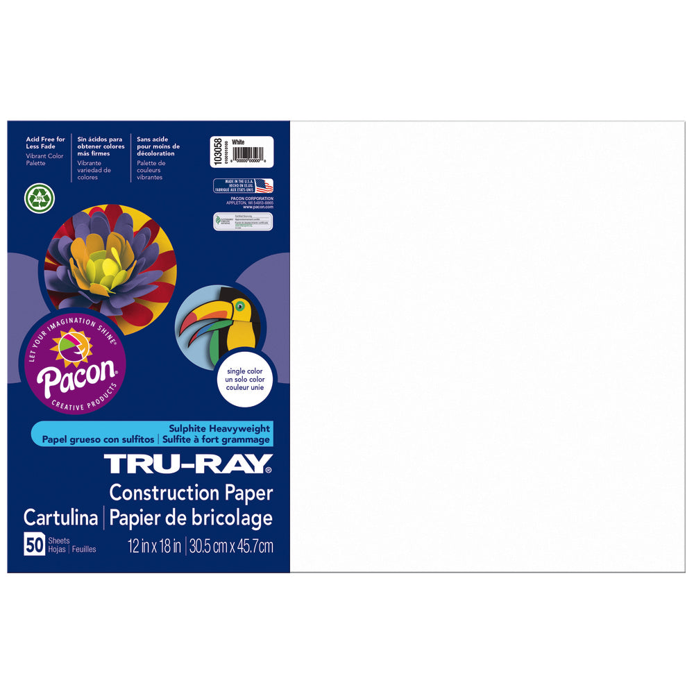 Tru-Ray Construction Paper, 50% Recycled, 12in x 18in, White, Pack Of 50