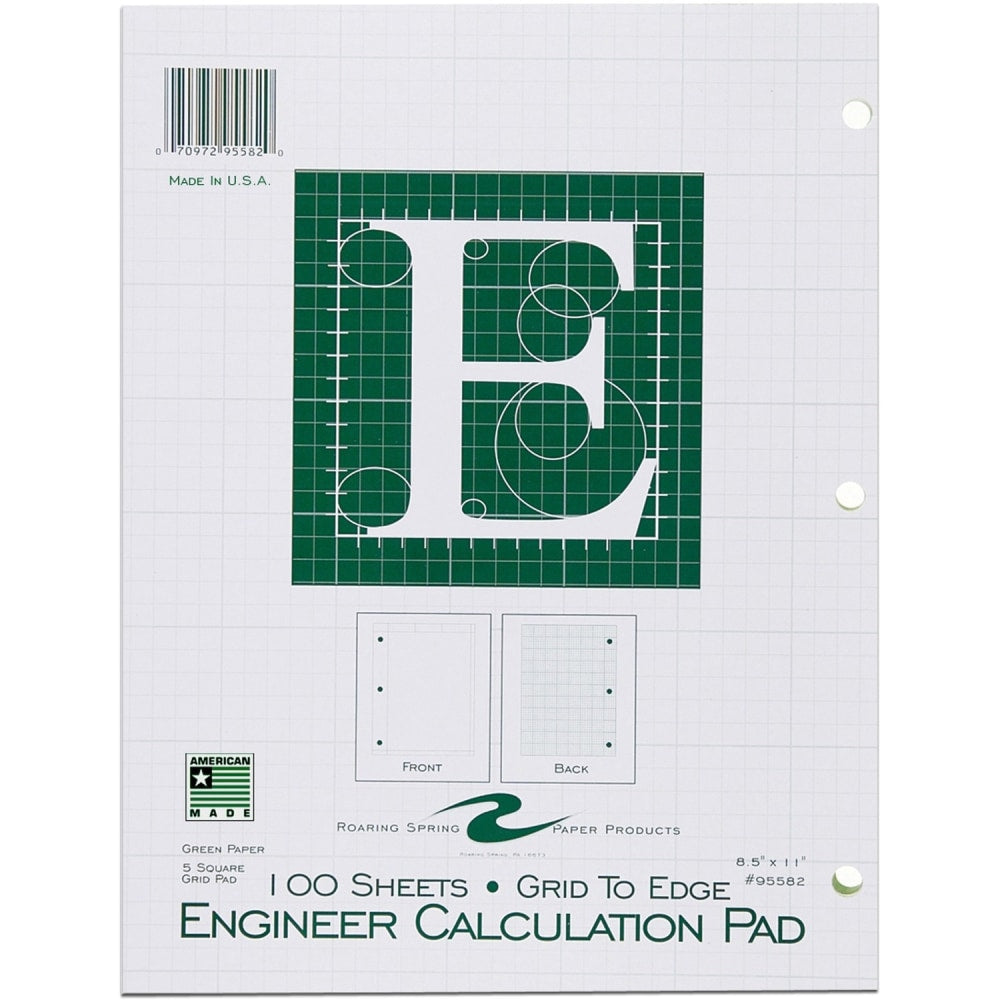 Roaring Spring 5x5 Grid Engineering Pad, 15# Green, 3 Hole Punched, 8.5in x 11in 100 Sheets, Green Paper Gride to Edge