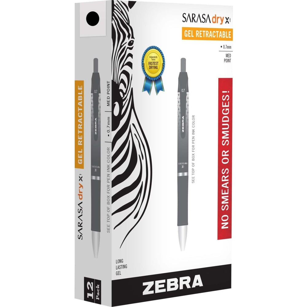 Zebra Pen SARASA Dry X1 Retractable Gel Pens, Pack Of 12, Medium Point, 0.7 mm, Black Barrel, Black Ink