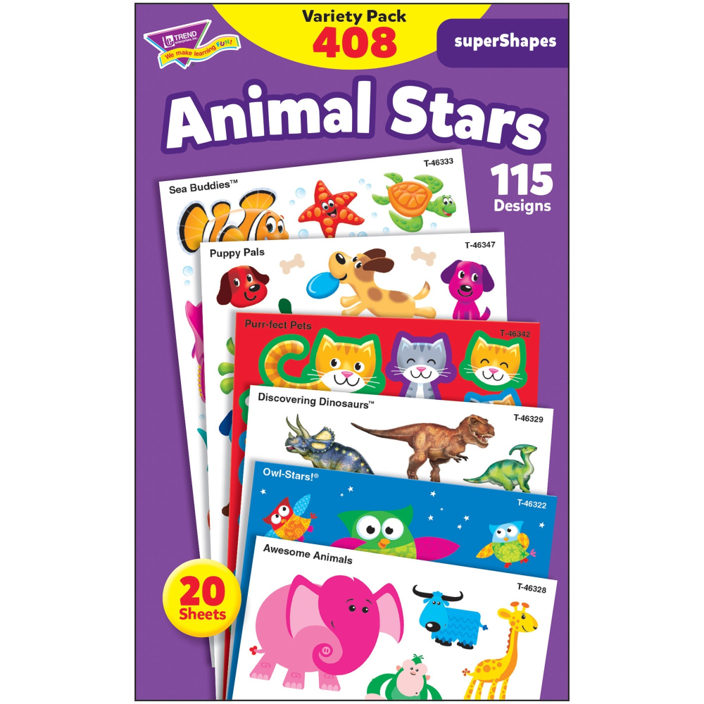 Trend Animal Fun Stickers Variety Pack - Fun, Animal Theme/Subject (Sea Buddies, Owl-Stars, Puppy Pals) Shape - Photo-safe, Non-toxic, Acid-free - 8in Height x 4.13in Width x 6.63in Length - Multicolor - 488 / Pack