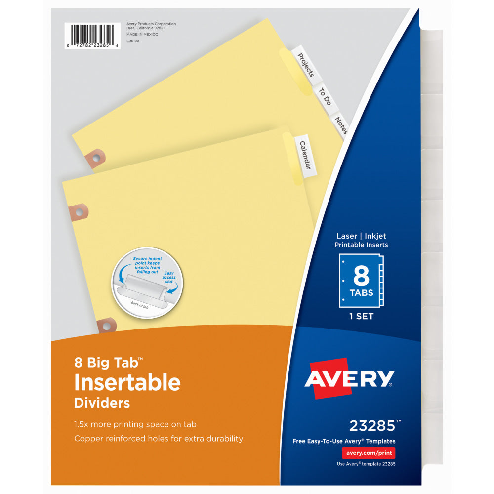 Avery Big Tab Insertable Dividers, Copper Reinforced, Buff/Clear, 8 1/2in x 11in, 8-Tab