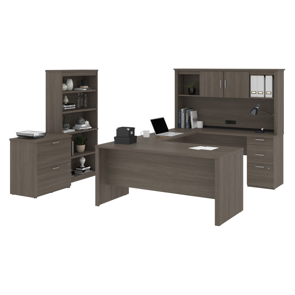 Bestar Logan U-Shaped Desk With Hutch, Lateral File Cabinet And Bookcase, Bark Gray