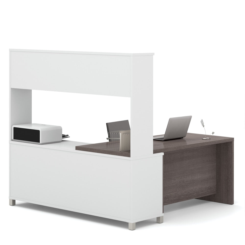 Bestar Pro-Linea 72inW L-Shaped Corner Desk With Hutch, Bark Gray/White