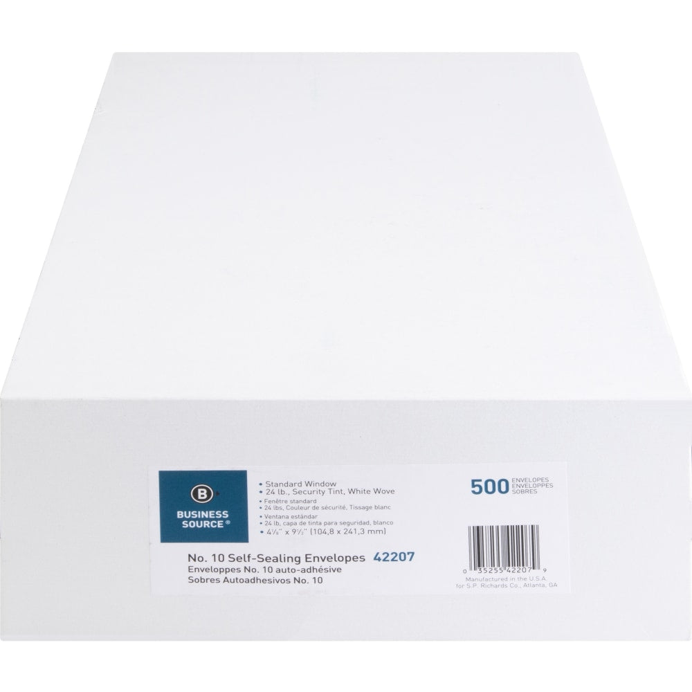 Business Source No.10 Standard Window Invoice Envelopes - Single Window - 9 1/2in Width x 4 1/2in Length - 24 lb - Self-sealing - Poly - 500 / Box - White