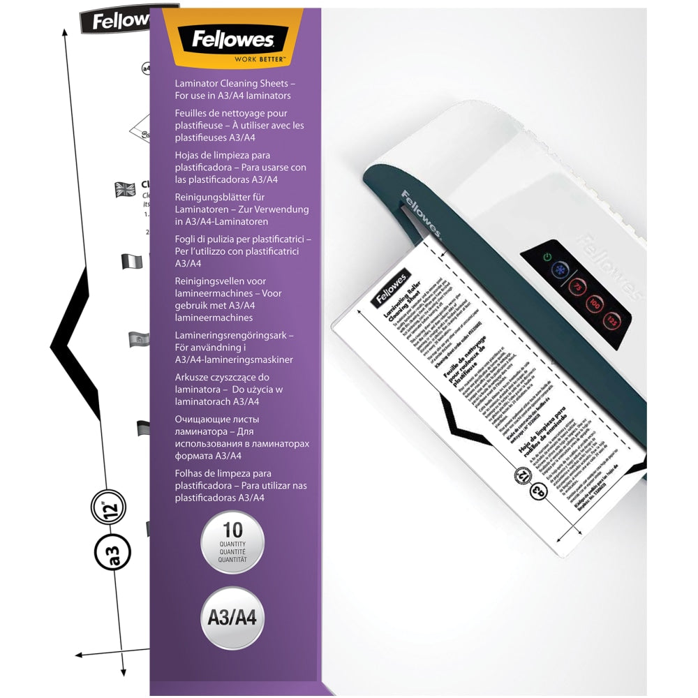 Fellowes FEL5320603 Laminator Cleaning Sheets, 11inH x 8-1/2inW, Pack Of 10 Sheets