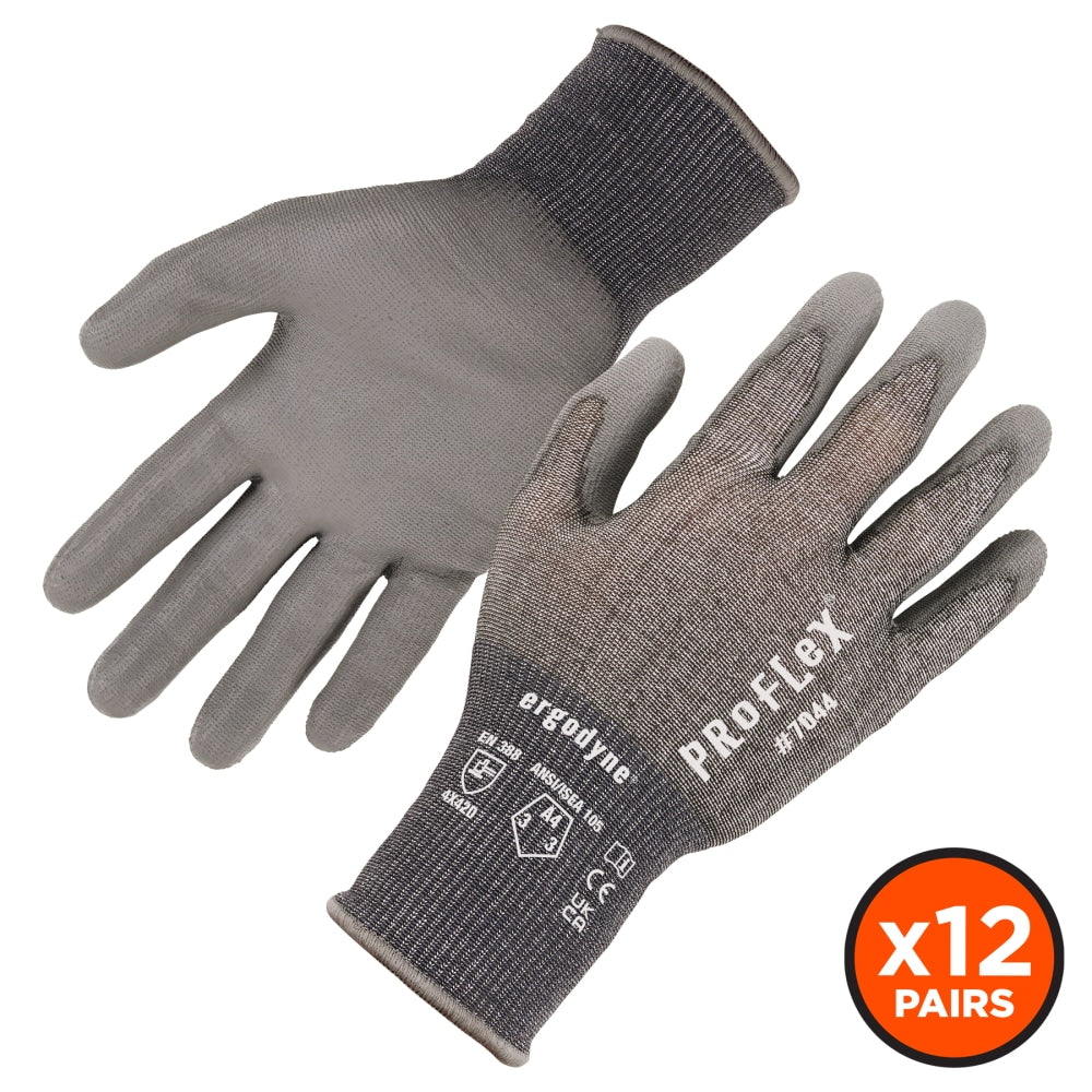 Ergodyne Proflex 7044-12PR PU-Coated Cut-Resistant Gloves, Gray, X-Large, Set Of 12 Pairs