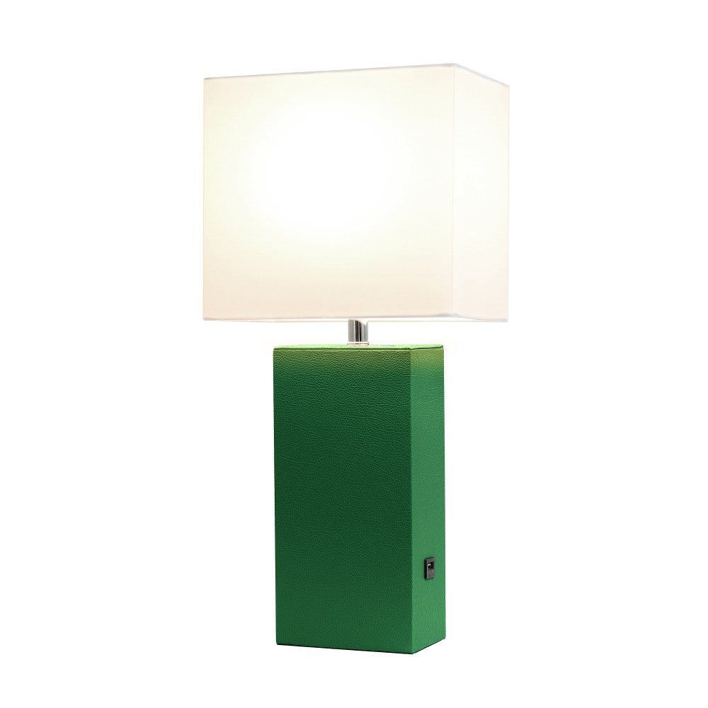 Elegant Designs Modern Leather/Fabric Desk Lamp With USB Port, 21inH, White Shade/Green Base