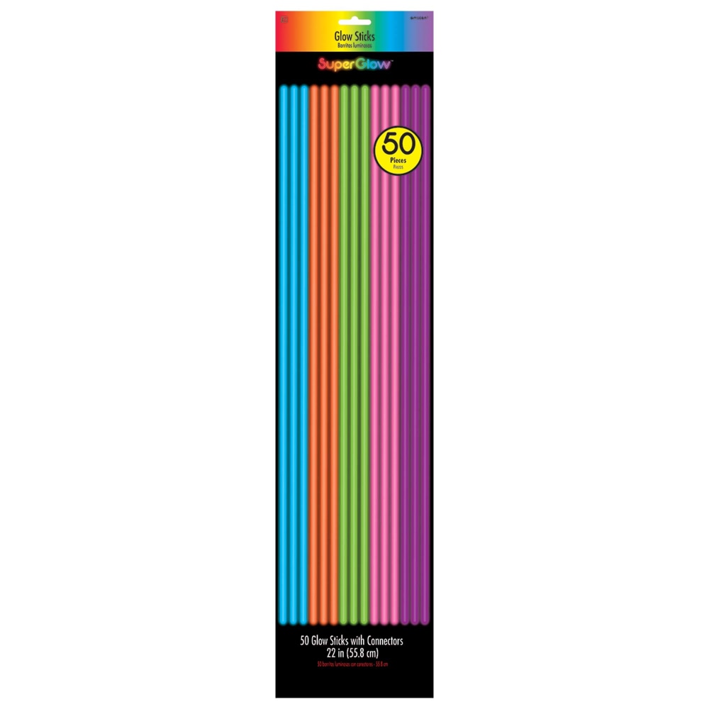 Amscan Super Glow Glow Sticks, 22in, Assorted Colors, Pack Of 50 Glow Sticks And Connectors