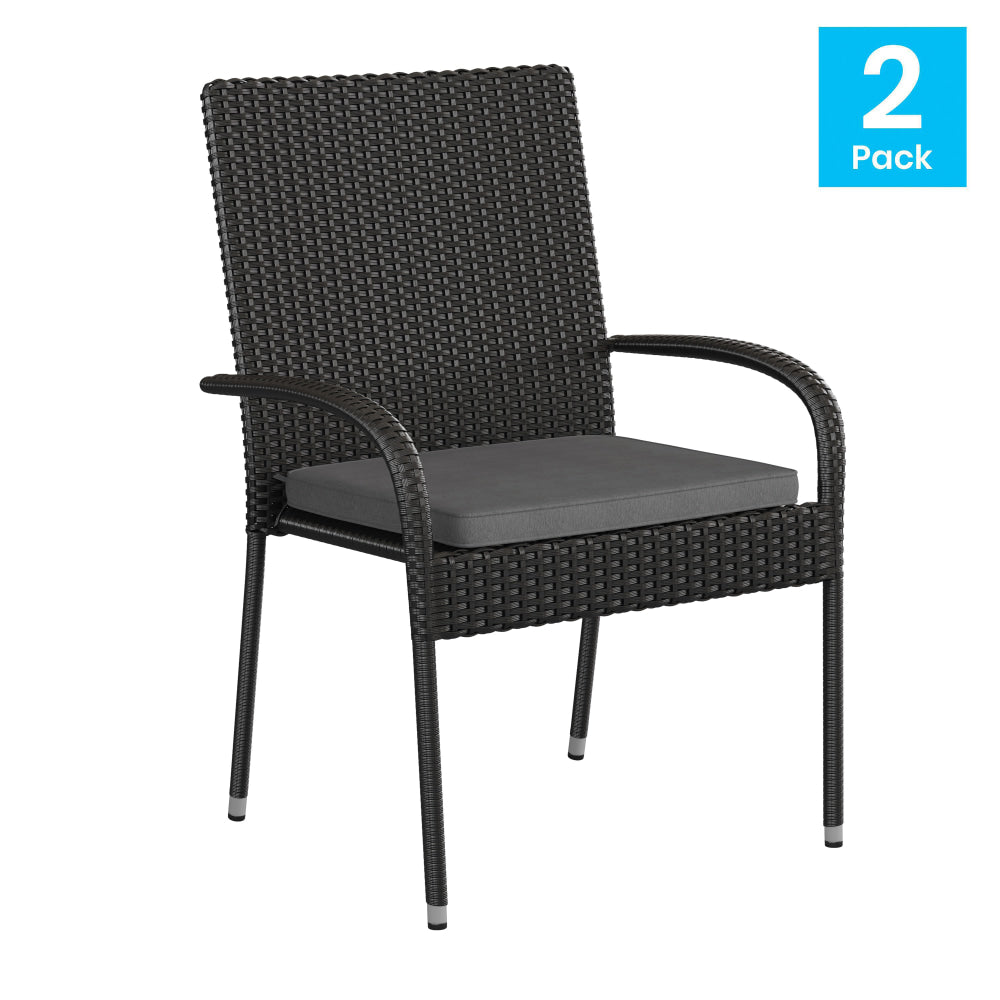 Flash Furniture Maxim Stackable Indoor/Outdoor Wicker Dining Chairs With Tie-On Padded Seat Cushions, Gray/Black, Set Of 4 Chairs