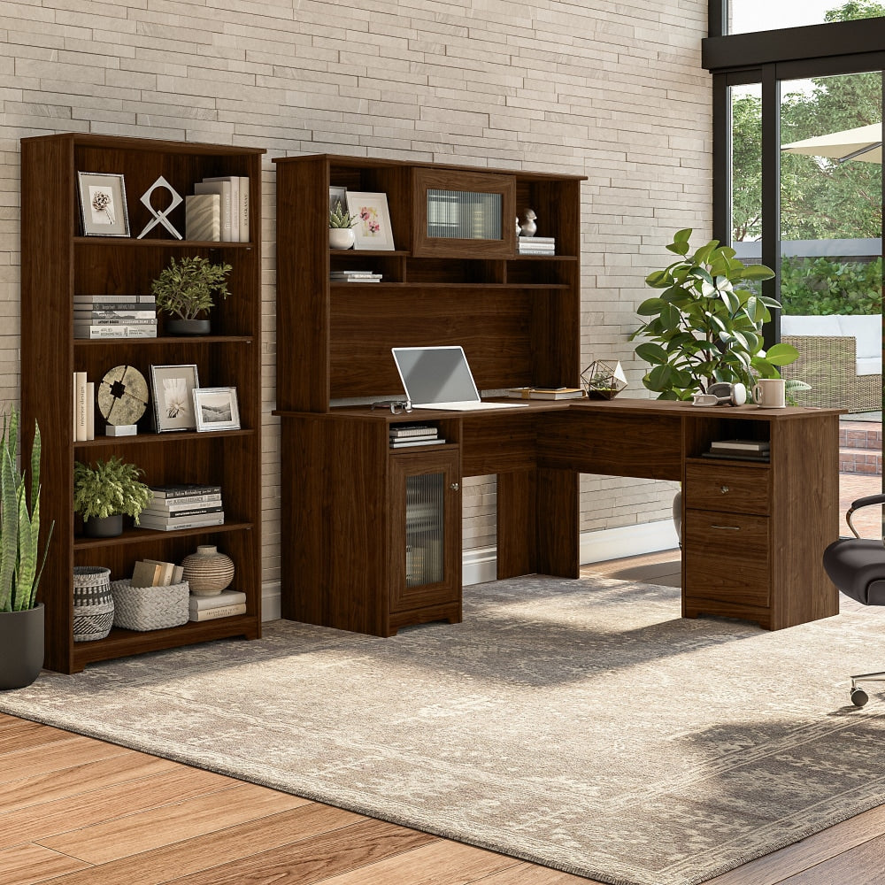 Bush Business Furniture Cabot 60inW L-Shaped Corner Desk With Hutch And 5-Shelf Bookcase, Modern Walnut, Standard Delivery