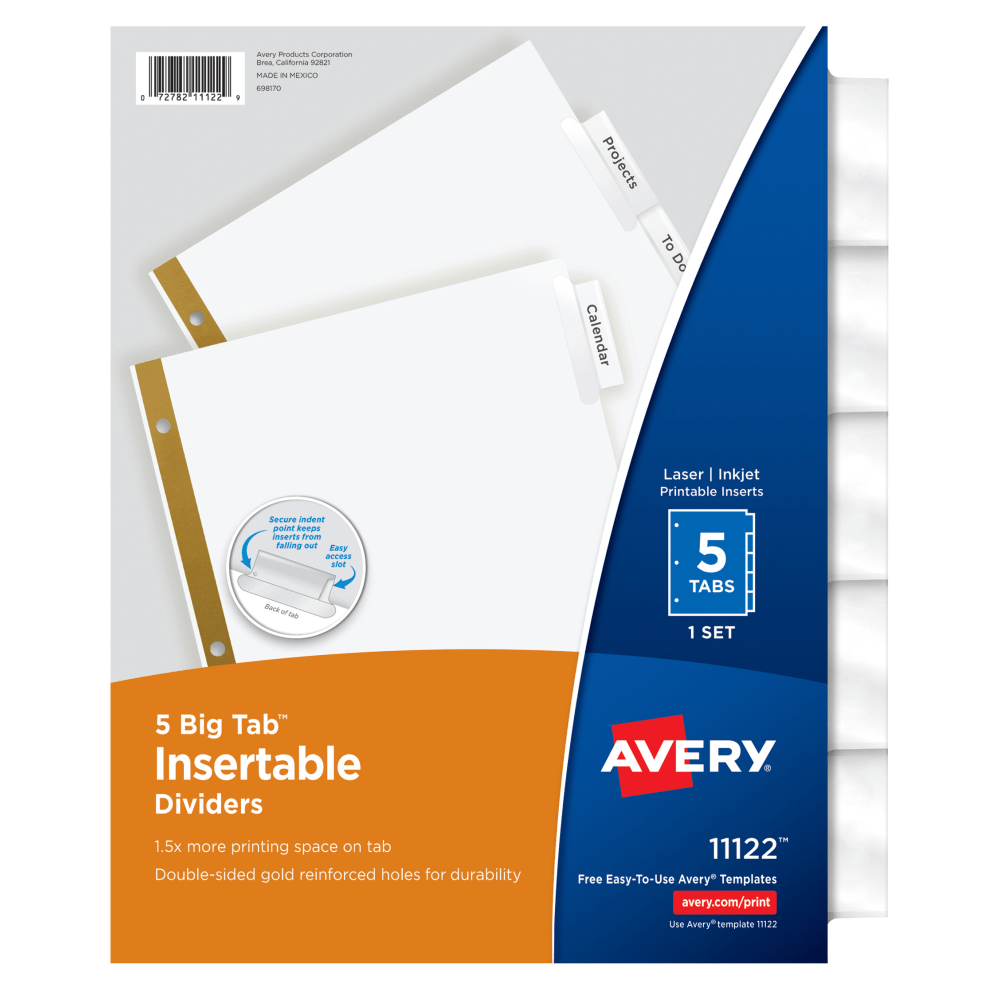 Avery Big Tab Insertable Dividers Gold Reinforced Edge, White/Clear, 5-Tab