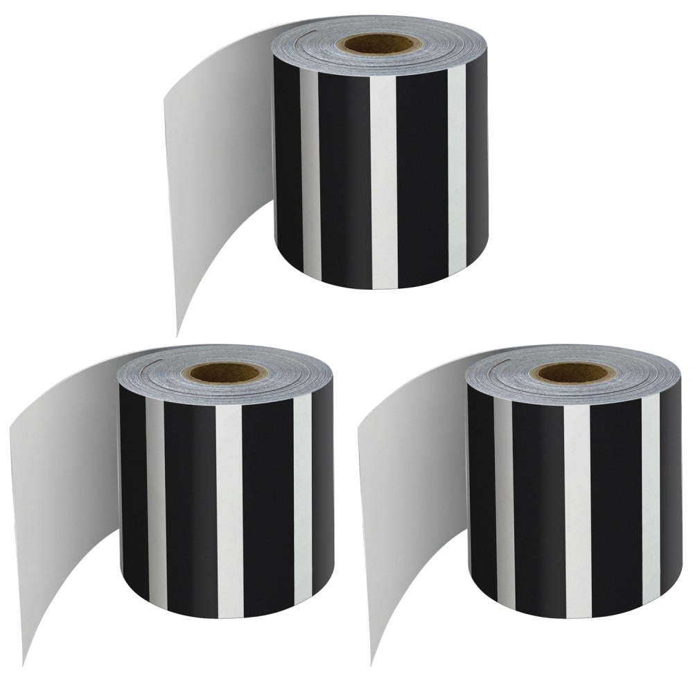 Carson-Dellosa Education Rolled Straight Border, Black And White Vertical Stripes, 65' Per Roll, Pack Of 3 Rolls