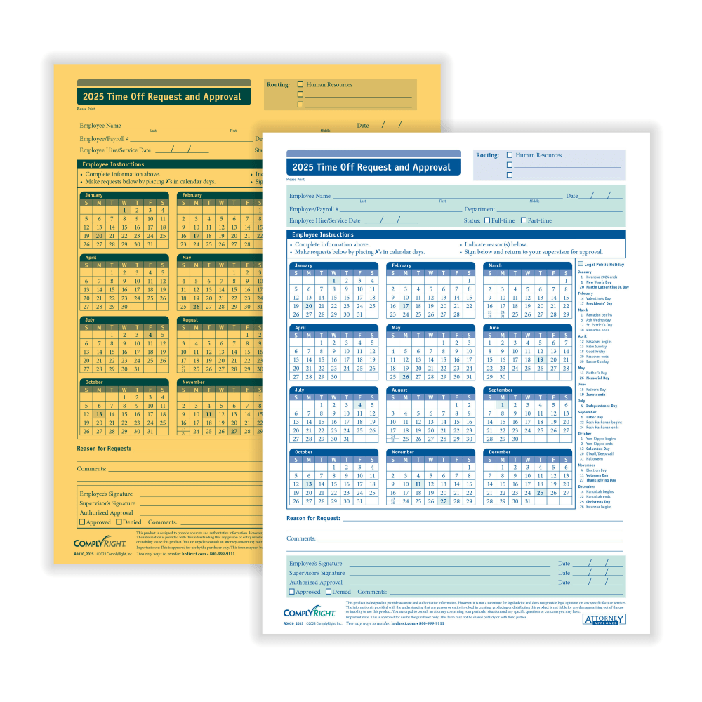 ComplyRight 2024 Time Off Request And Approval Forms, 2-Part, 8 1/2in x 11in, White, Pack Of 50