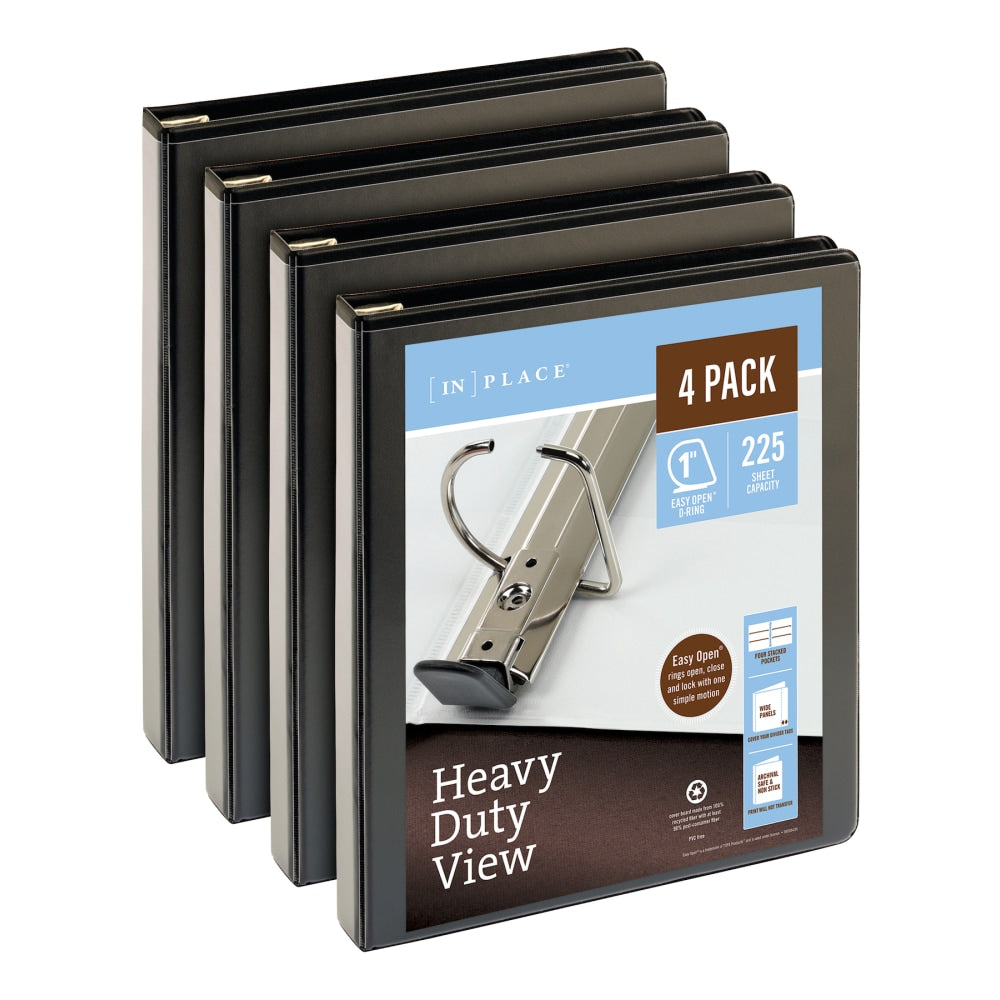 Office Depot Brand Heavy-Duty View 3-Ring Binder, 1in D-Rings, Black, 49% Recycled, Pack Of 4