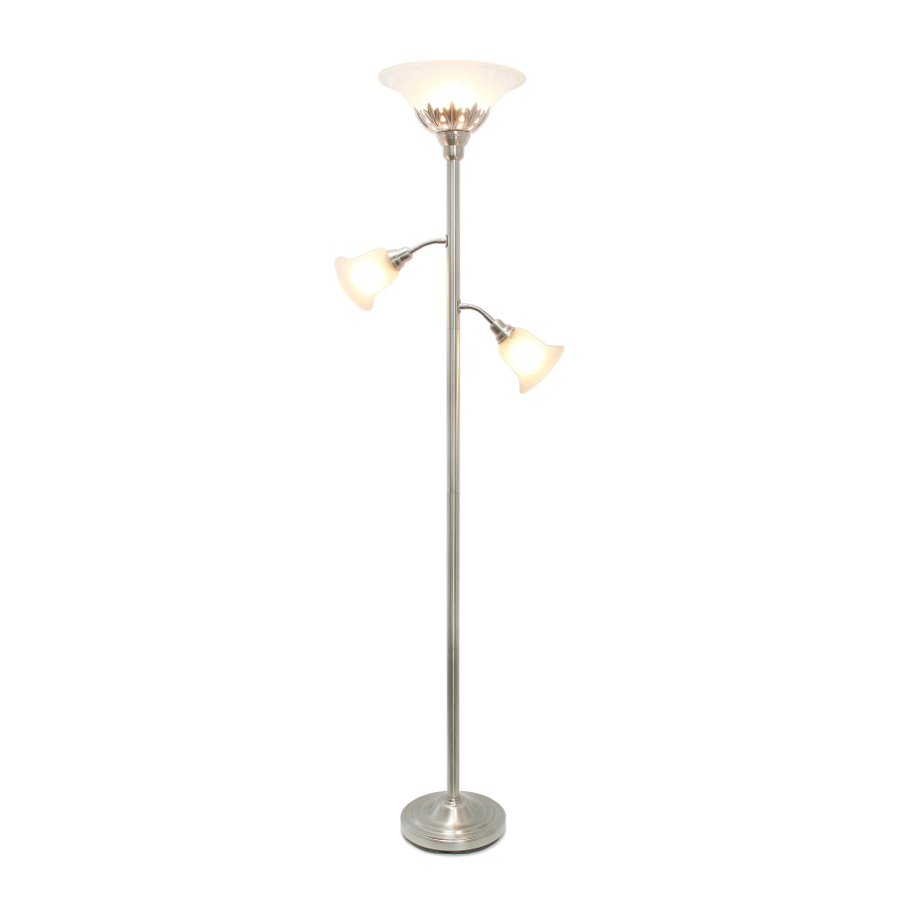 Lalia Home Torchiere Floor Lamp With 2 Reading Lights, 71inH, Brushed Nickel/White