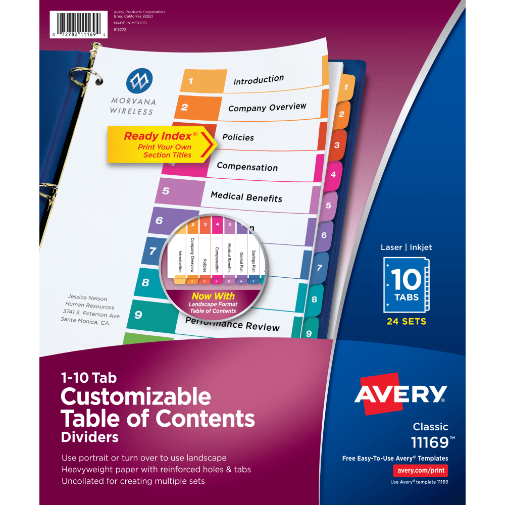 Avery Ready Index 1-10 Tab Binder Dividers With Customizable Table Of Contents, 8-1/2in x 11in, 10 Tab, White/Multicolor, Box Of 24 Sets