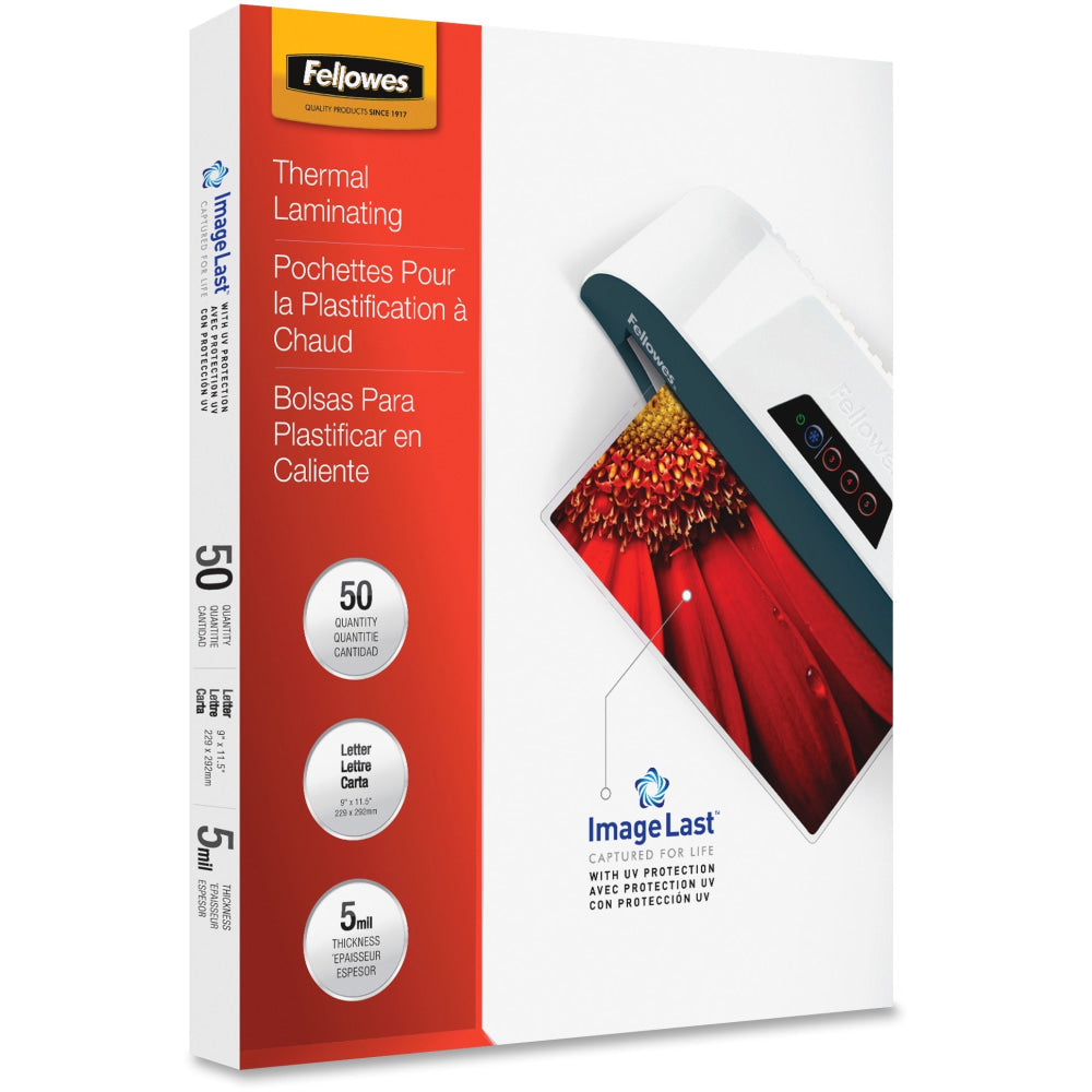 Fellowes Laminating Pouches, Type G, Glossy, 9in x 11.50in, 5 mil Thick, Clear, Box Of 50