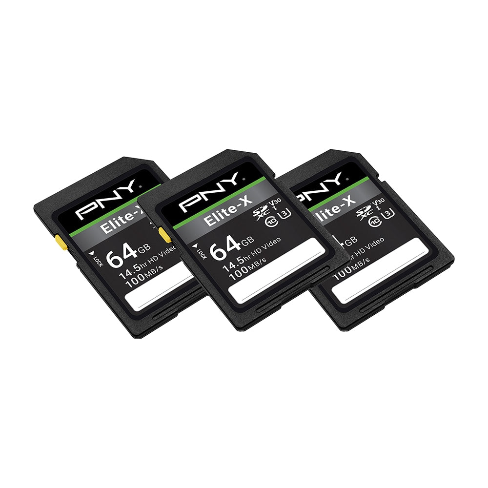 PNY Elite-X Class 10 U3 V30 100 Mbps SDXC Flash Memory Cards, 64GB, Pack Of 3 Memory Cards