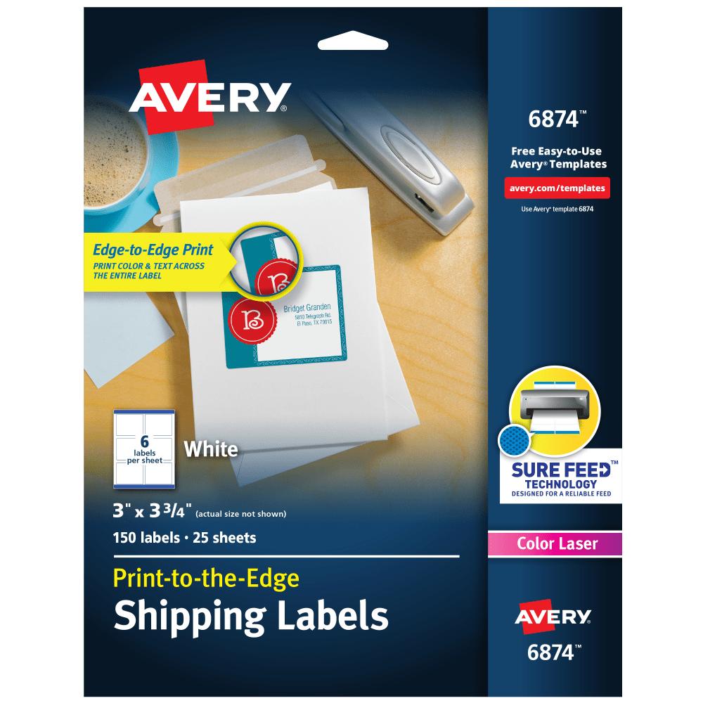 Avery Print-to-the-Edge Shipping Labels With Sure Feed For Color Laser Printers, 6874, Rectangle, 3in x 3-3/4in, White, Pack Of 150