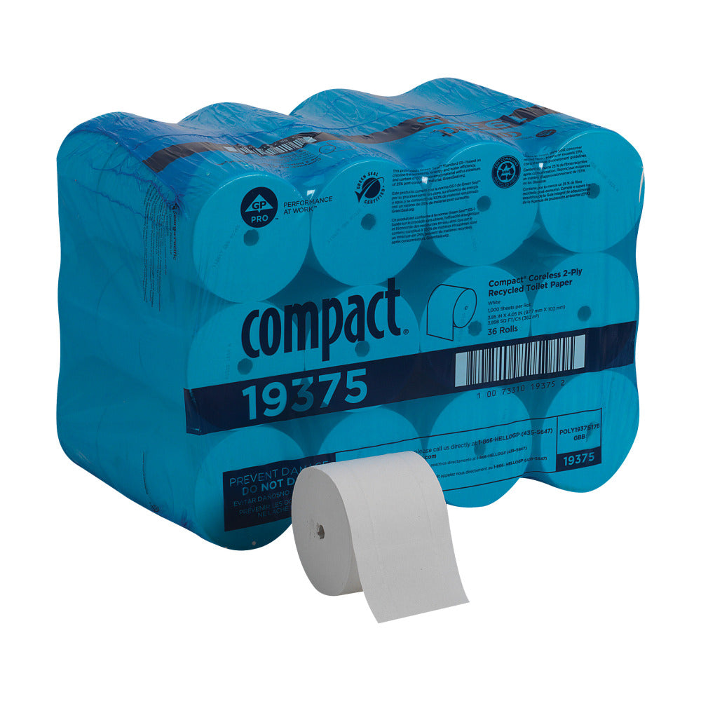 Compact by GP PRO, 2 Ply, Coreless Recycled Toilet Paper, 4x3.8, 100% Recycled, White, 1000 Sheets, 36 Rolls per Case