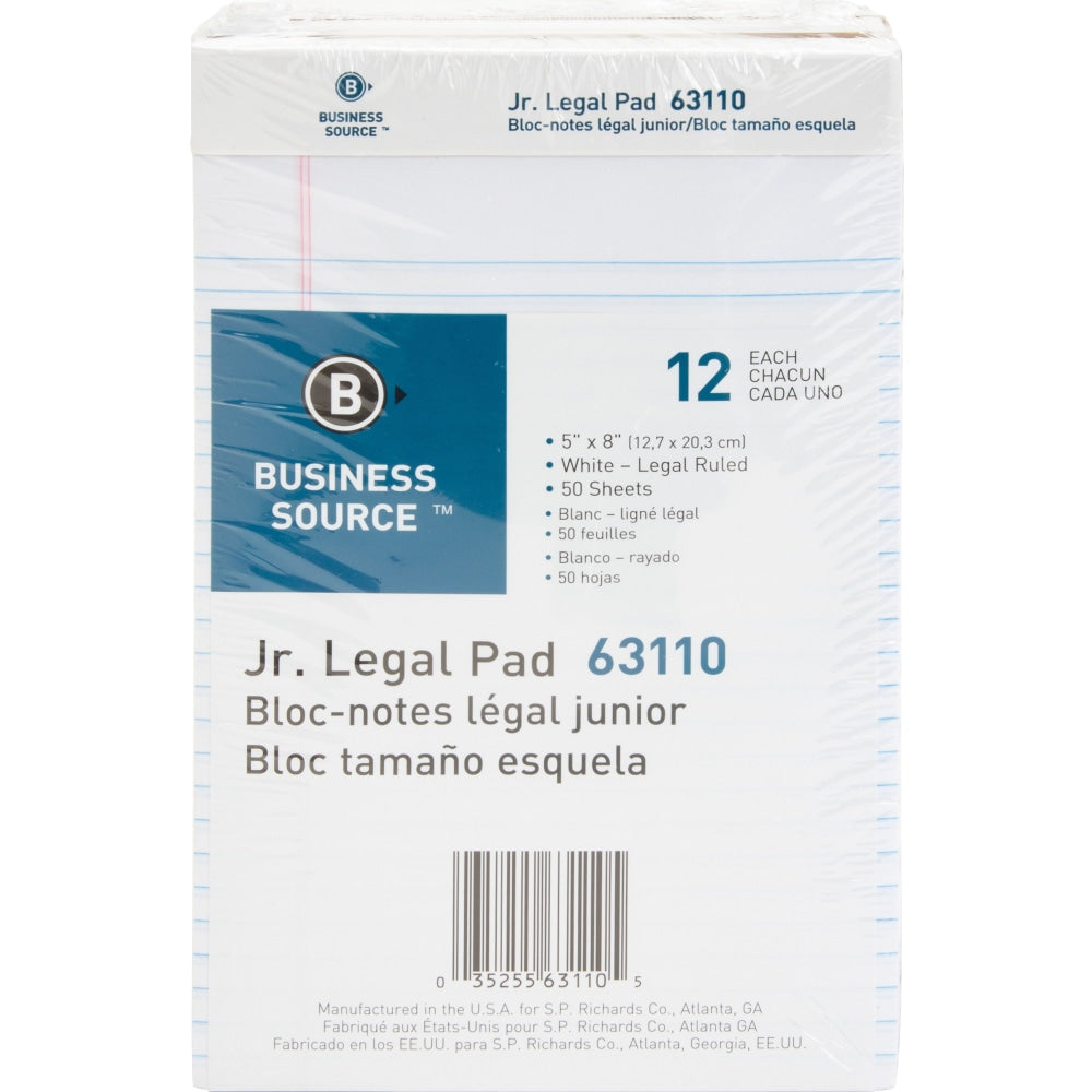 Business Source Writing Pads - 50 Sheets - 0.28in Ruled - 16 lb Basis Weight - Jr.Legal - 8in x 5in - White Paper - Micro Perforated, Easy Tear, Sturdy Back - 1 Dozen